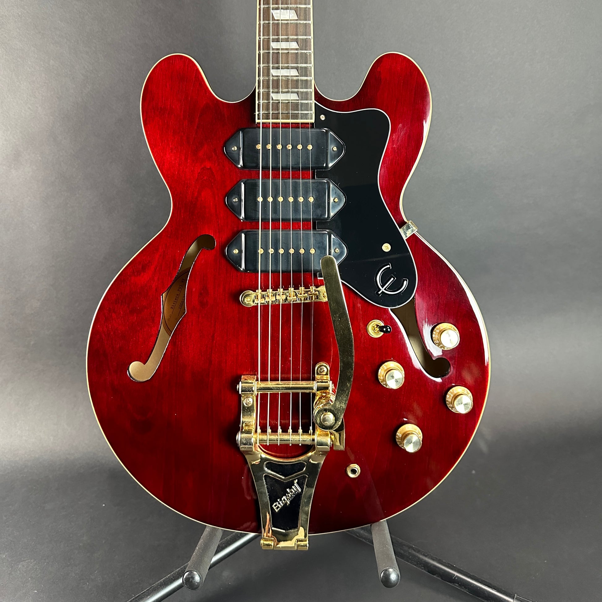 Front of Used Epiphone Riviera P93 Wine Red.