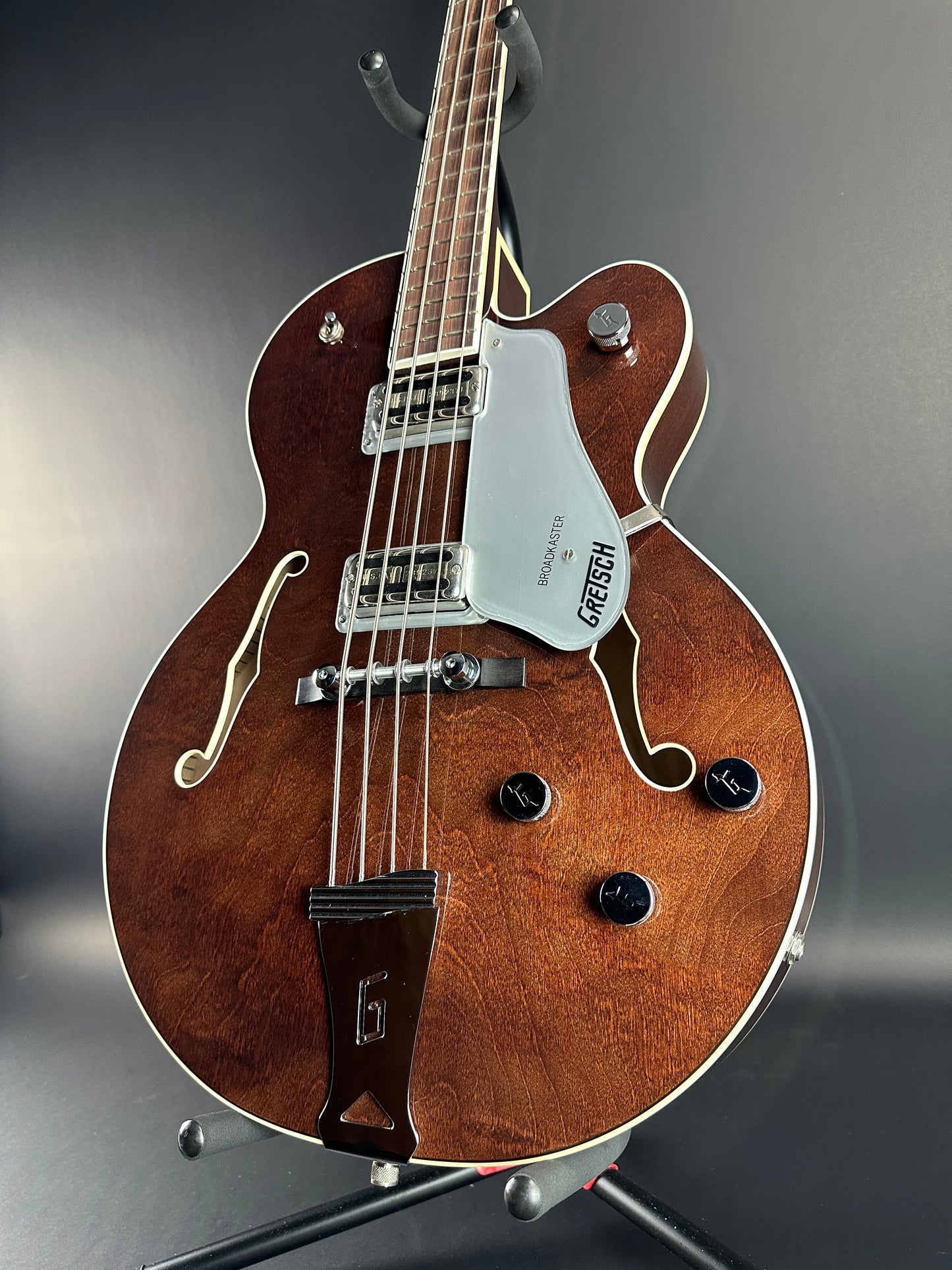 Front angle of Used Gretsch G6119B Walnut Broadcaster Bass.