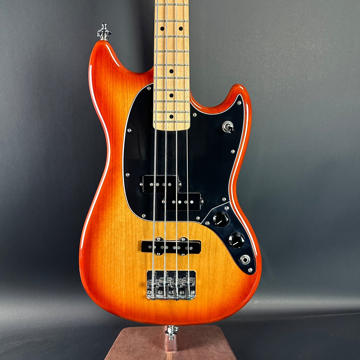 Front of Used Fender Player Mustang Bass PJ Sienna Sunburst.