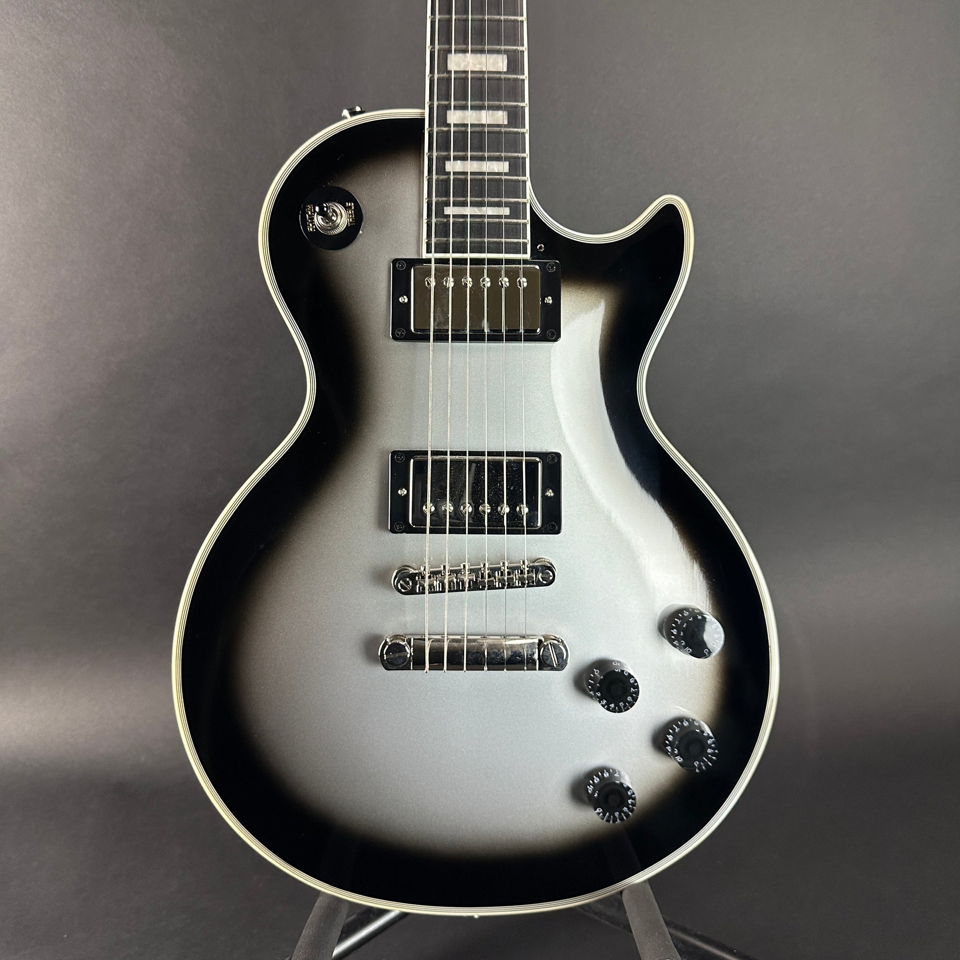 Front of Used Epiphone Les Paul Custom Silverburst.