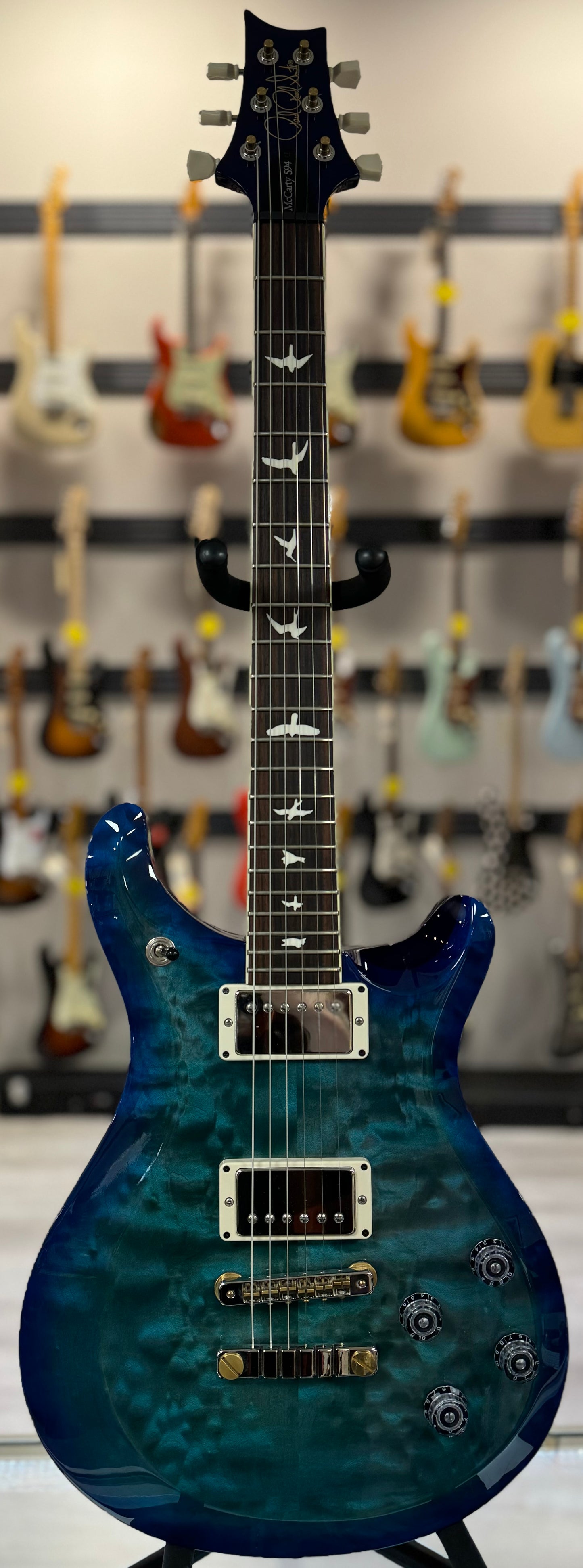 Full front of Used PRS S2 McCarty 594 Double Cut Matteo Blue w/bag