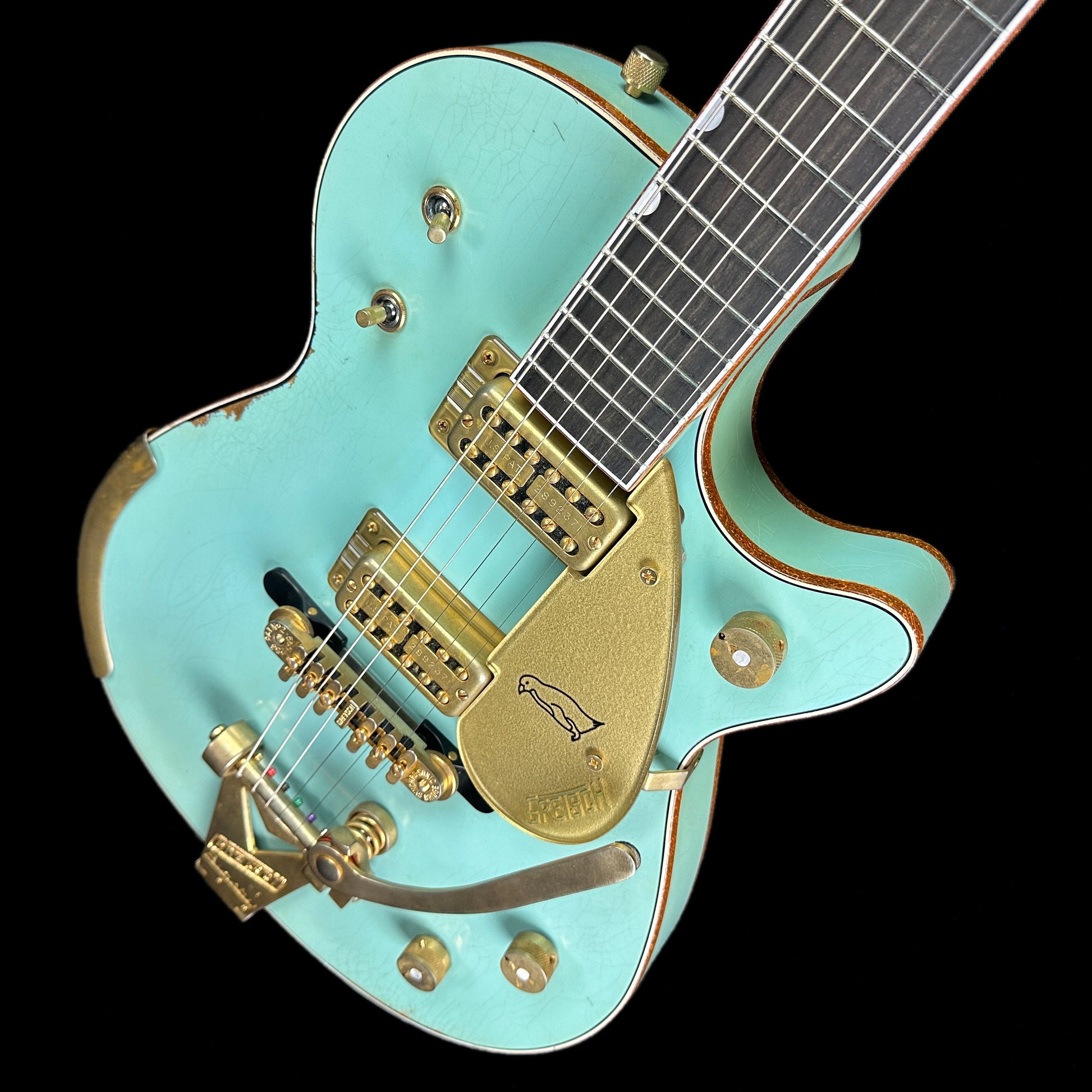 Front angle of Gretsch Custom Shop G6134-59 Penguin Relic Daphne Blue.