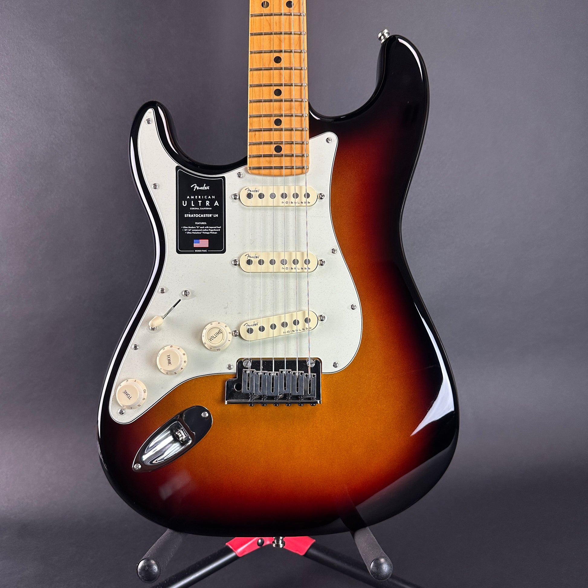 Front of Used Fender American Ultra Stratocaster Left Hand Ultraburst.