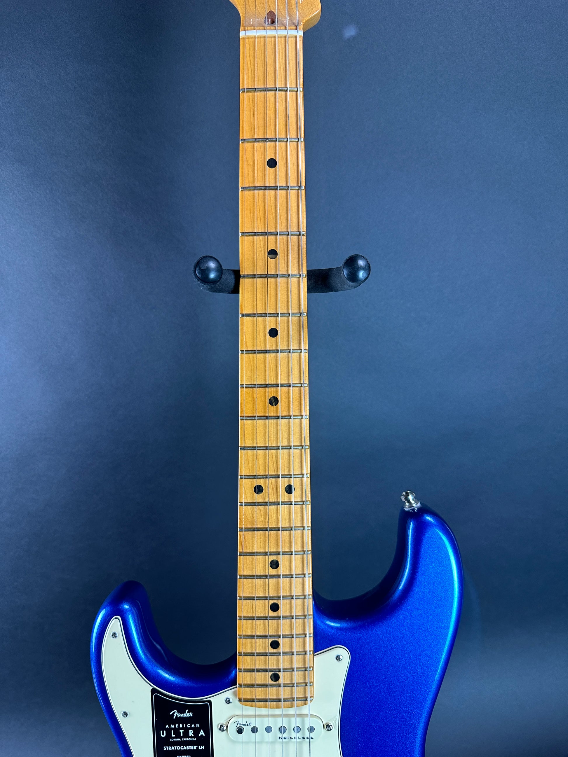 Fretboard of Used Fender American Ultra Stratocaster Left Hand Cobra Blue.