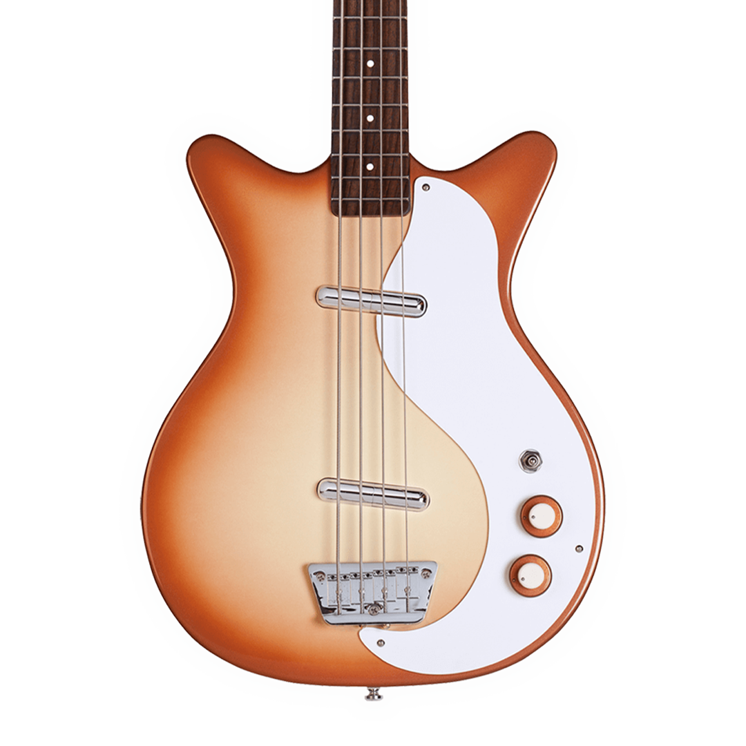 Closeup of Danelectro 59 DC Long Scale Bass Copper Burst