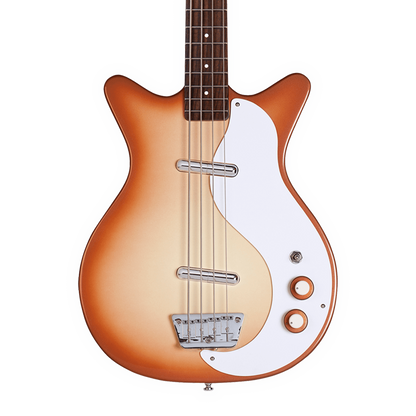 Closeup of Danelectro 59 DC Long Scale Bass Copper Burst