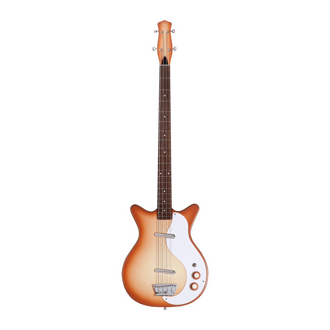 Full front shot of Danelectro 59 DC Long Scale Bass Copper Burst