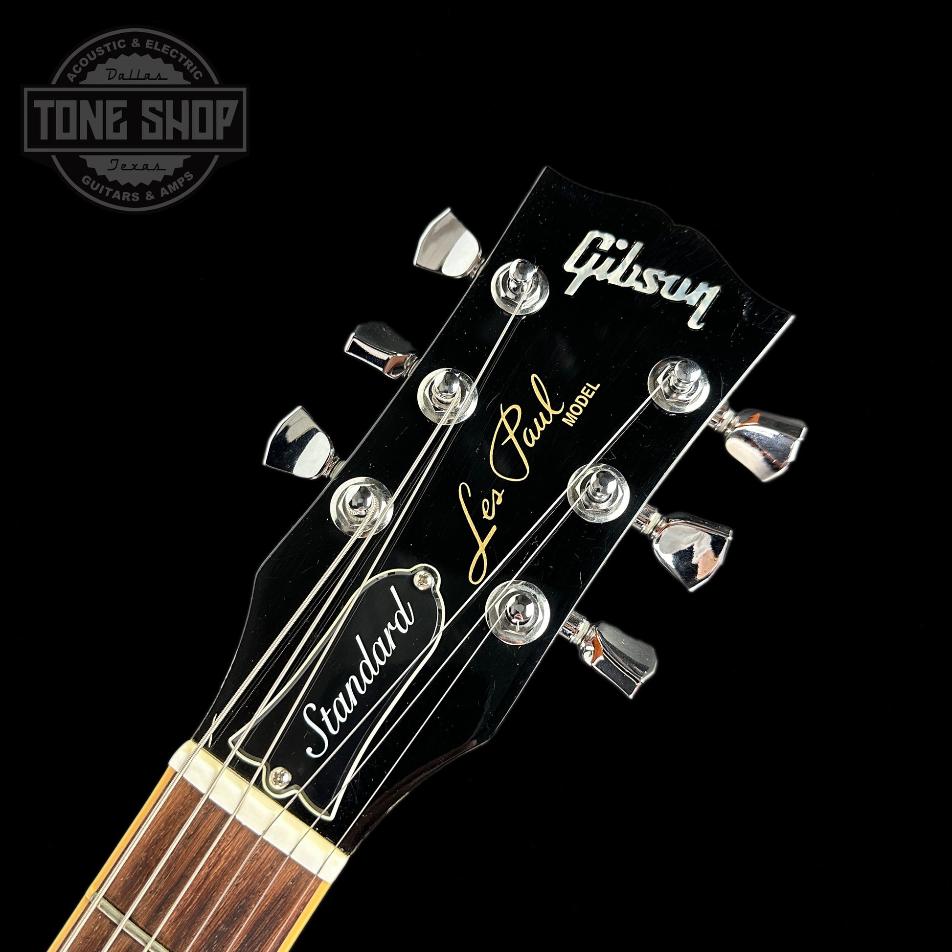 Front of headstock of Used 2008 Gibson Les Paul Standard Gold Top.