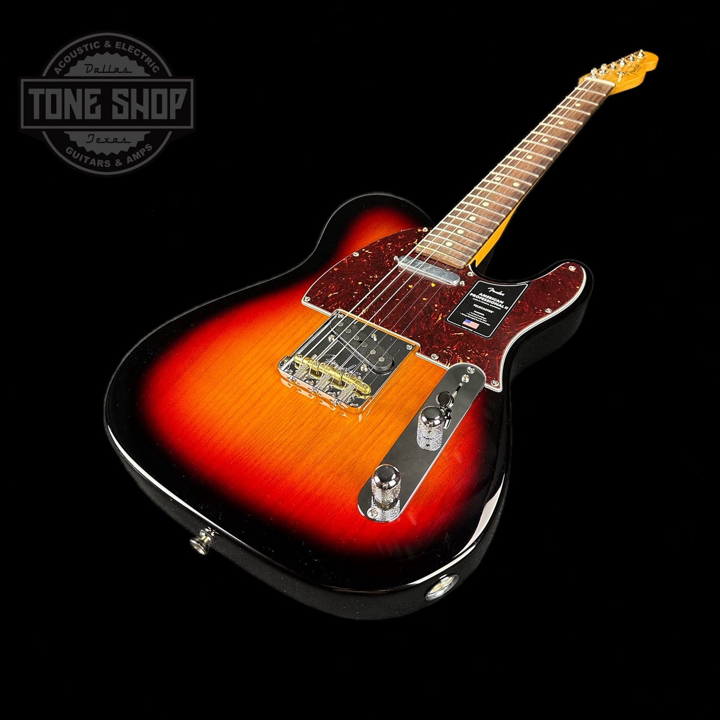 Front angle of Used Fender American Pro II Tele Sunburst.