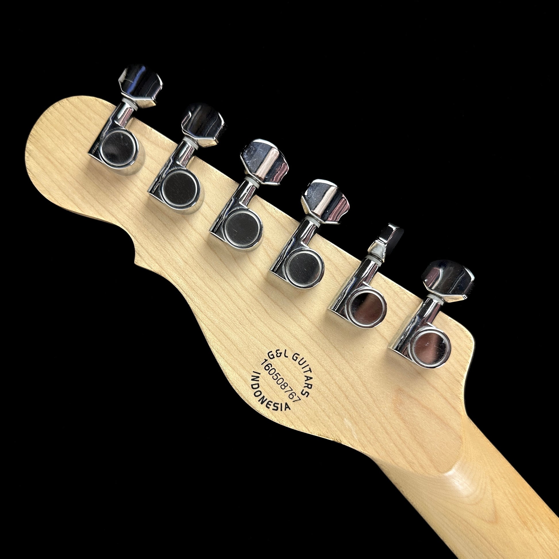 Back of headstock of Used G&L ASAT Classic Natural.