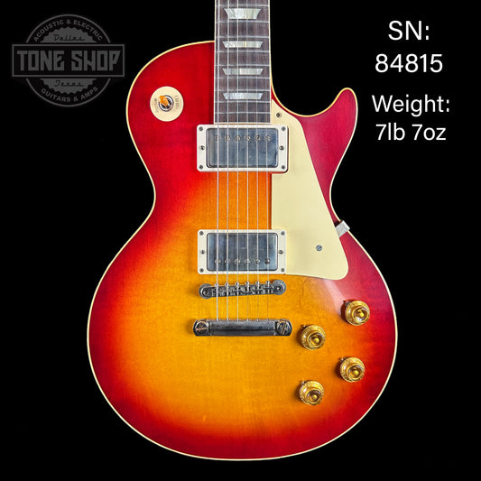 Front of serial number 84815 of Gibson Custom Shop Dealer's Choice 1958 Les Paul Standard Chambered Factory Burst VOS NH.