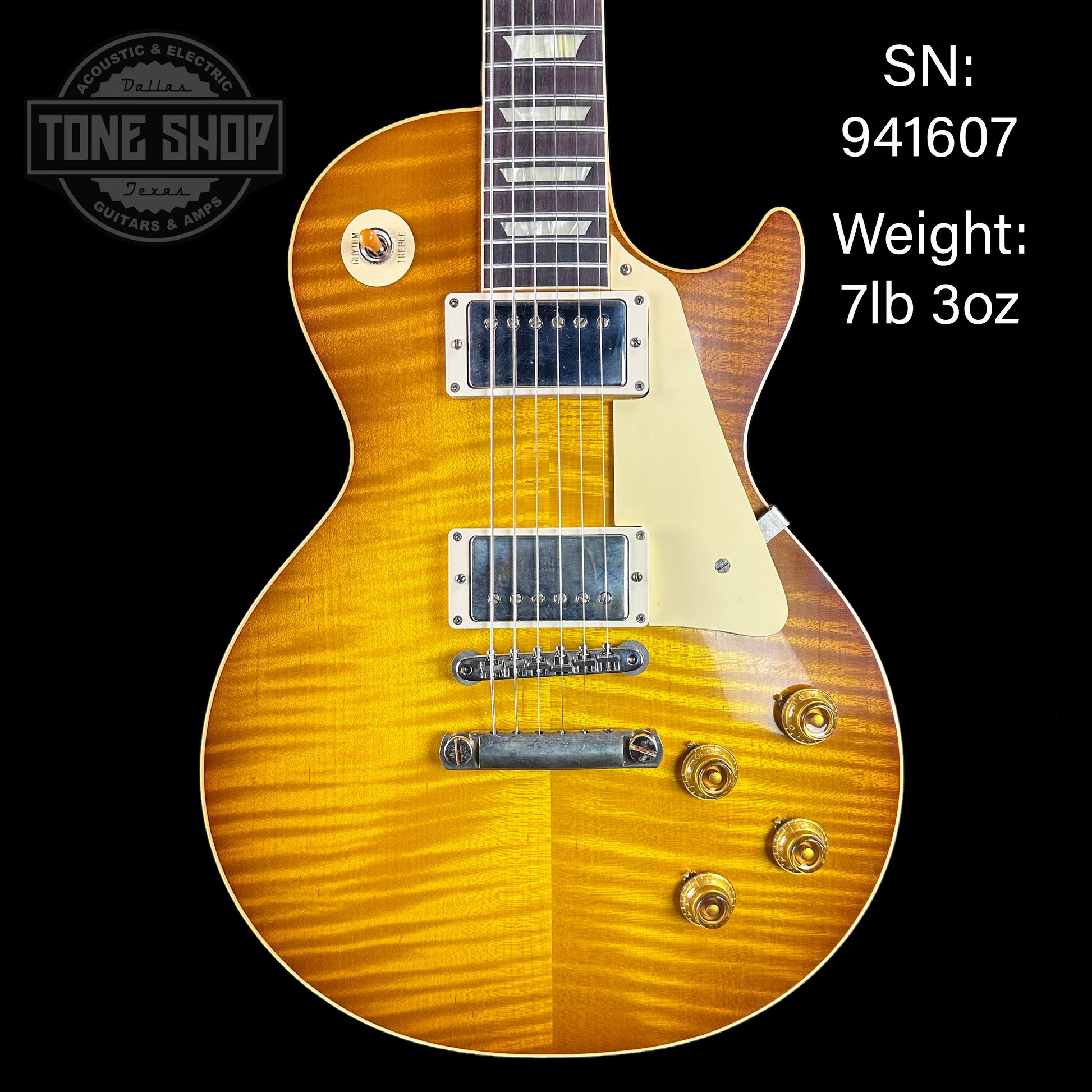 Front of serial number 941607 of Gibson Custom Shop Dealer's Choice 1959 Les Paul Standard Chambered Golden Poppy VOS.