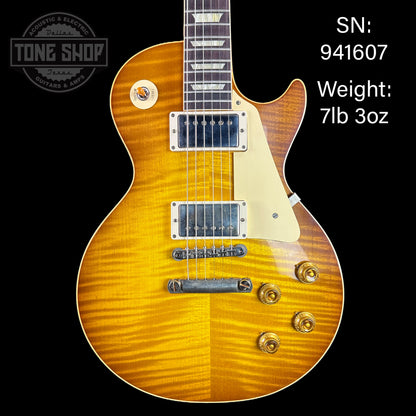 Front of serial number 941607 of Gibson Custom Shop Dealer's Choice 1959 Les Paul Standard Chambered Golden Poppy VOS.