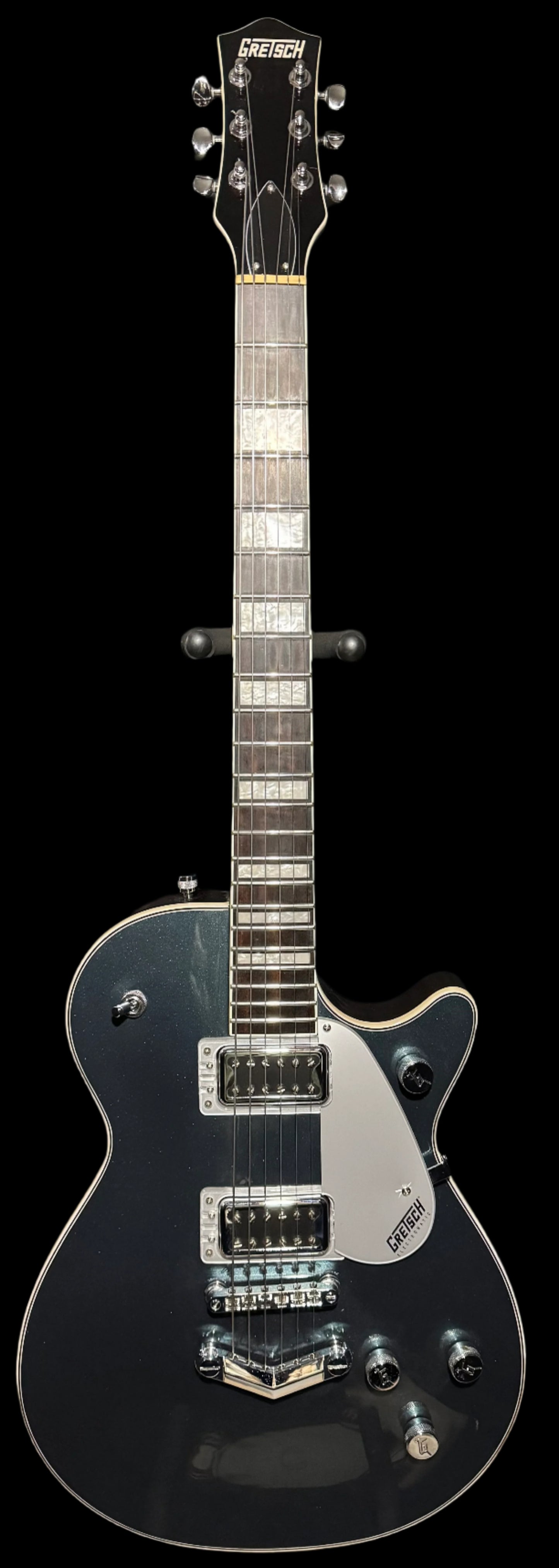 Full front of Used 2022 Gretsch G5220 Electromatic Jet Singlecut w/ Stoptail Jade Grey Metallic TSS4958