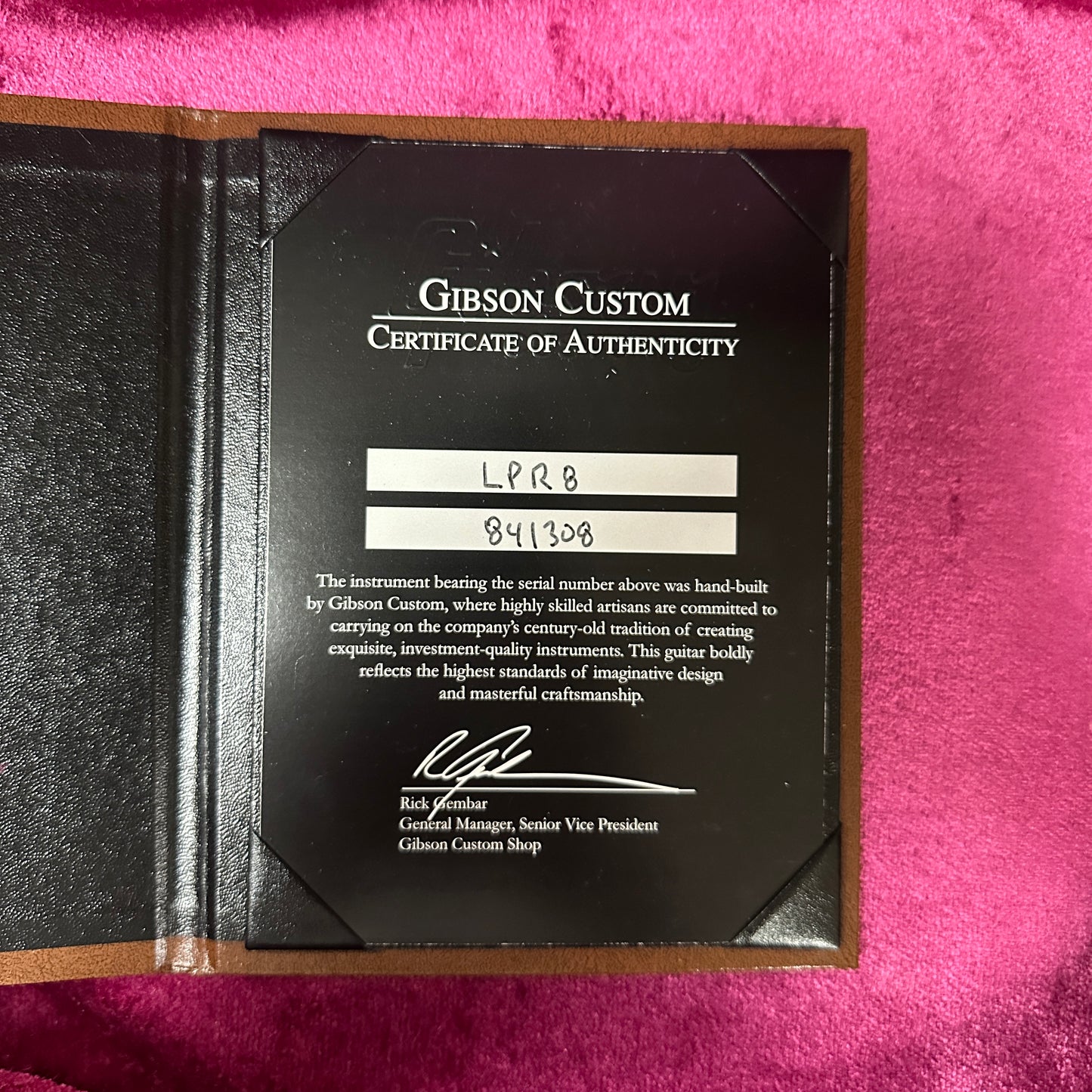 Certificate of authenticity for Used 2014 Custom Shop Gibson 1958 Les Paul Lemonburst VOS.
