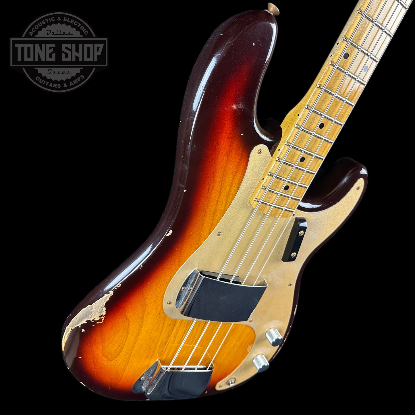 Front angle of Fender Custom Shop Time Machine '58 Precision Bass Relic Super Faded Aged Chocolate 3 Color Sunburst.