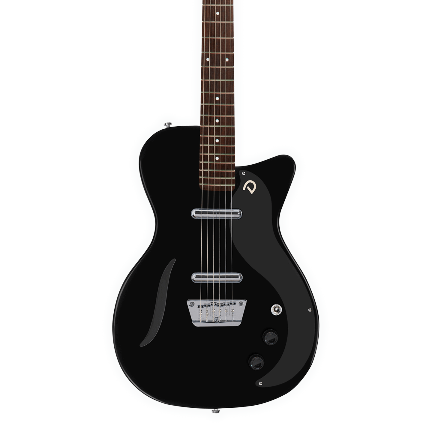 Front of Danelectro 56 Vintage Baritone Black.