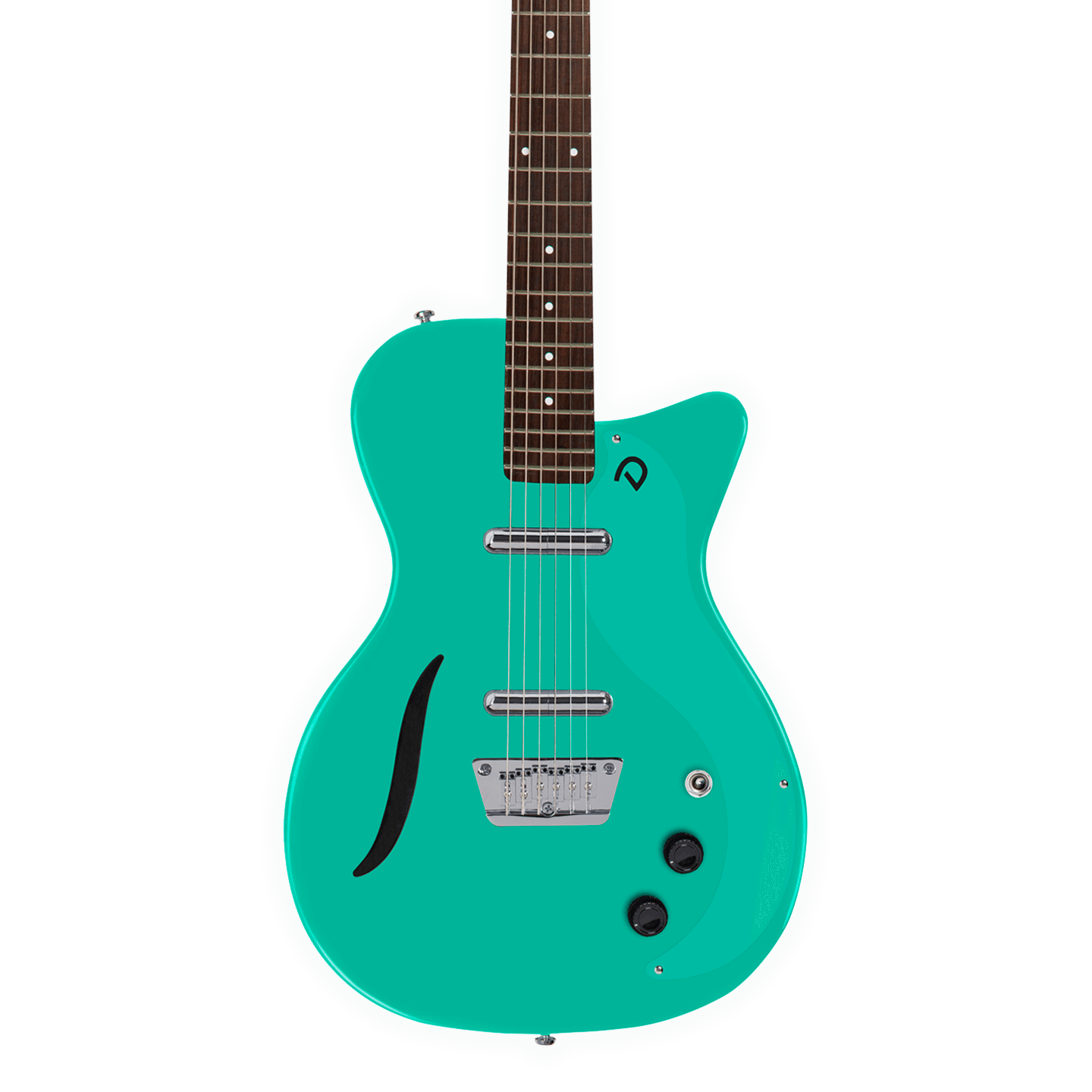 Front of Danelectro 56 Vintage Baritone Dark Aqua.