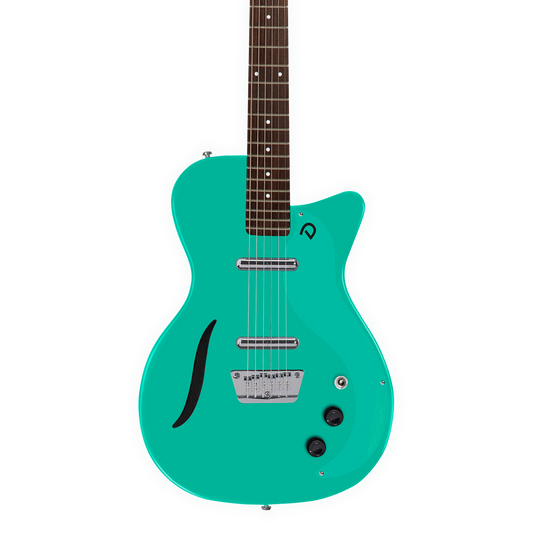 Front of Danelectro 56 Vintage Baritone Dark Aqua.