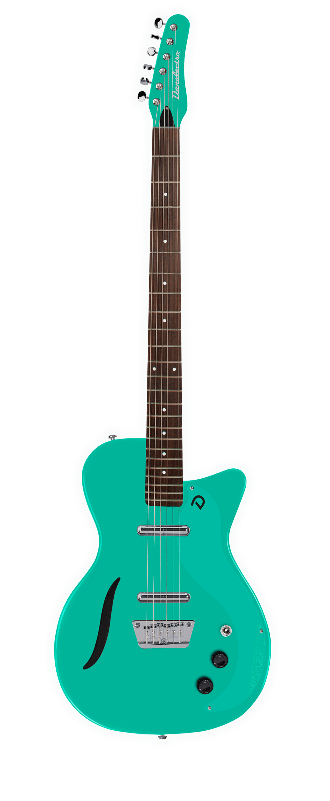 Full frontal of Danelectro 56 Vintage Baritone Dark Aqua.