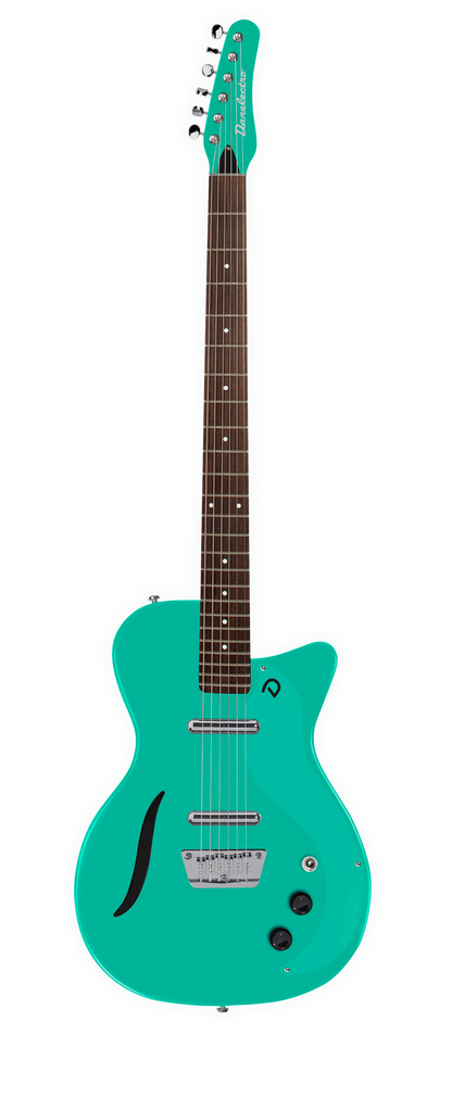 Full frontal of Danelectro 56 Vintage Baritone Dark Aqua.