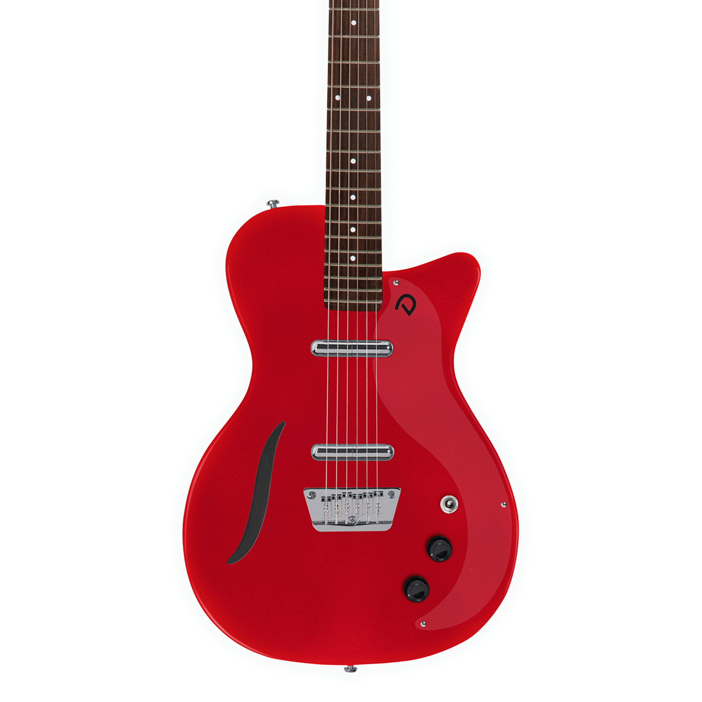 Front of Danelectro 56 Vintage Baritone Metallic Red.