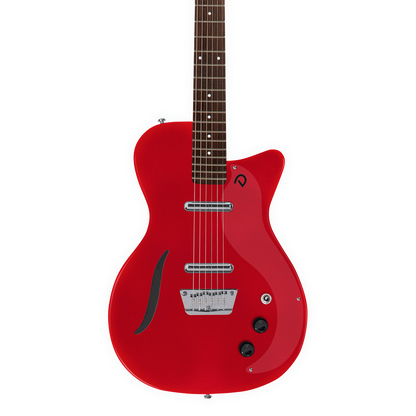 Front of Danelectro 56 Vintage Baritone Metallic Red.