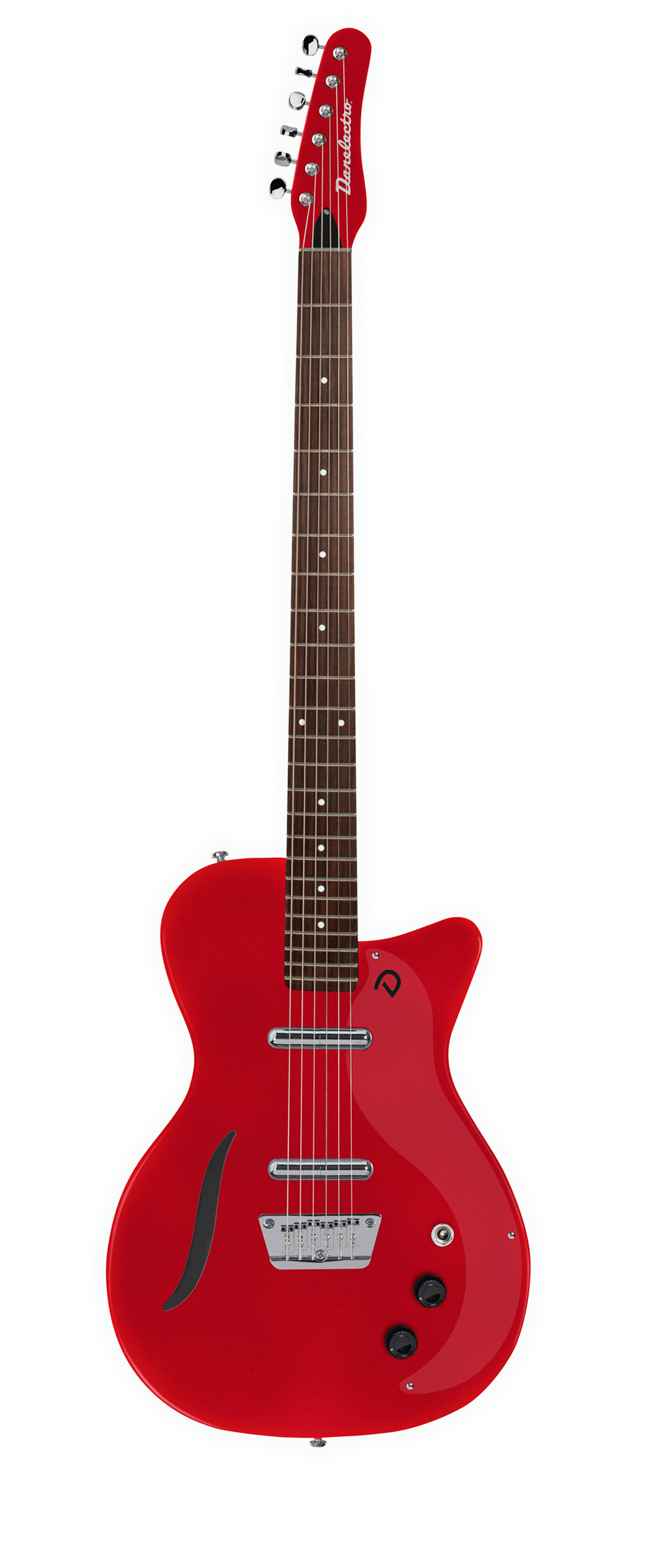 Full frontal of Danelectro 56 Vintage Baritone Metallic Red.