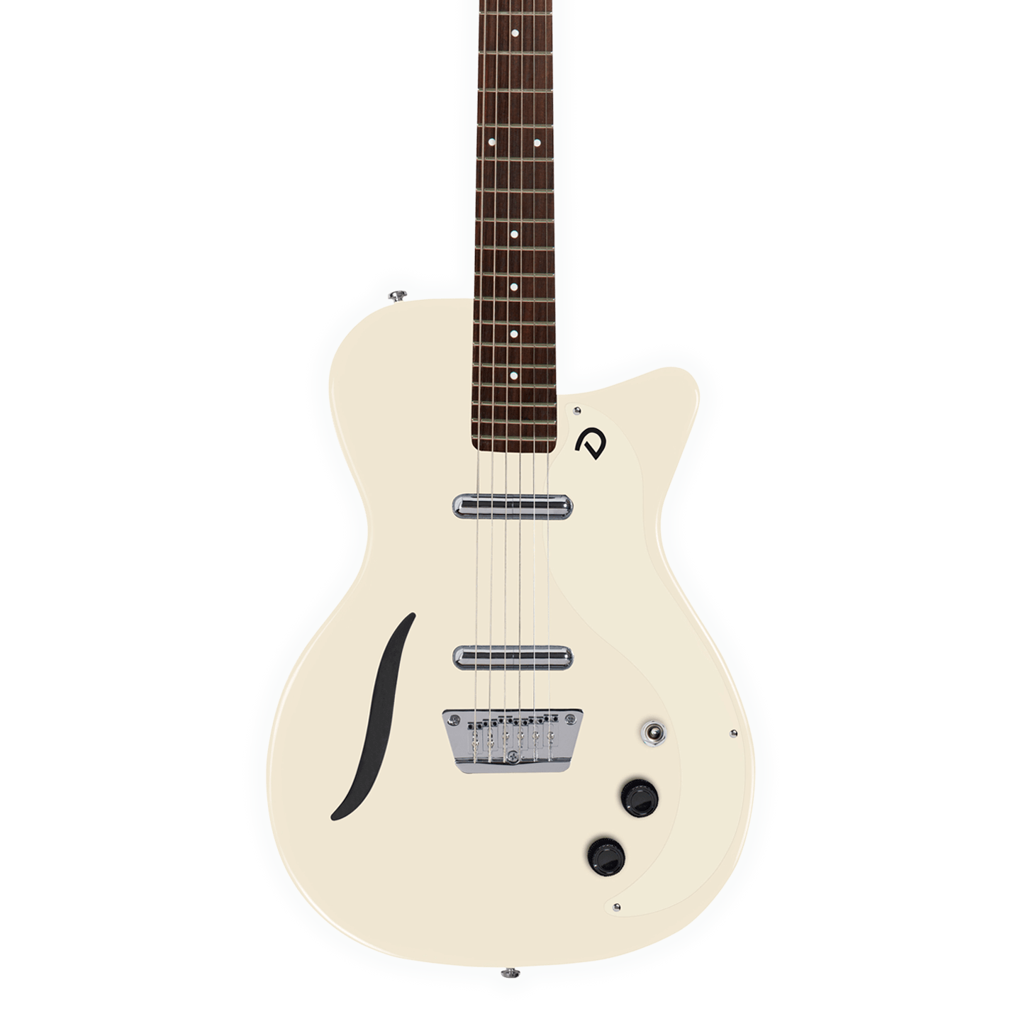 Front of Danelectro 56 Vintage Baritone Vintage White.