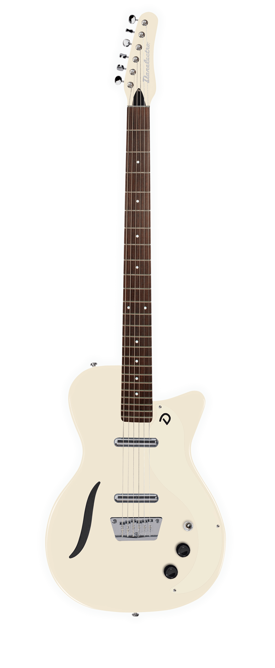 Full frontal of Danelectro 56 Vintage Baritone Vintage White.