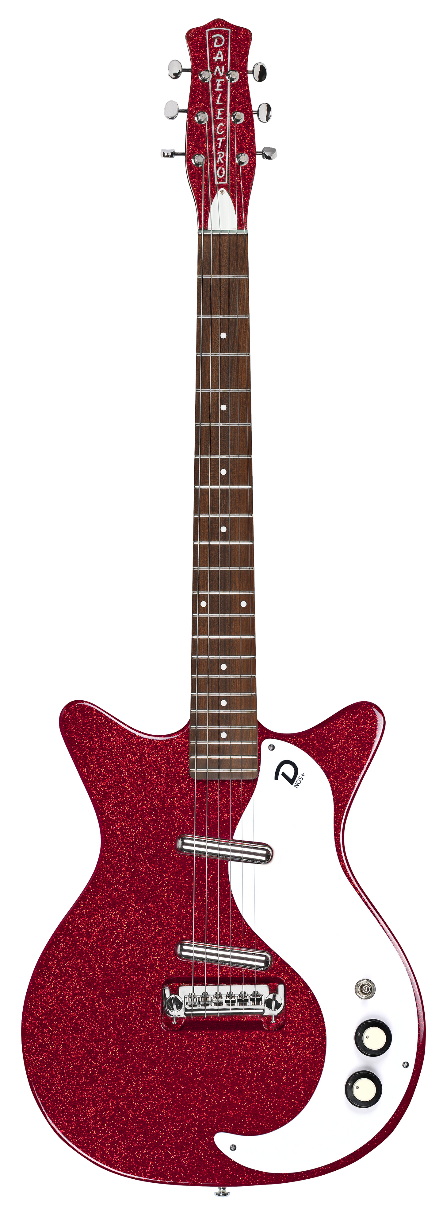 Full frontal of Danelectro 59 MOD NOS+ Red Metalflake.
