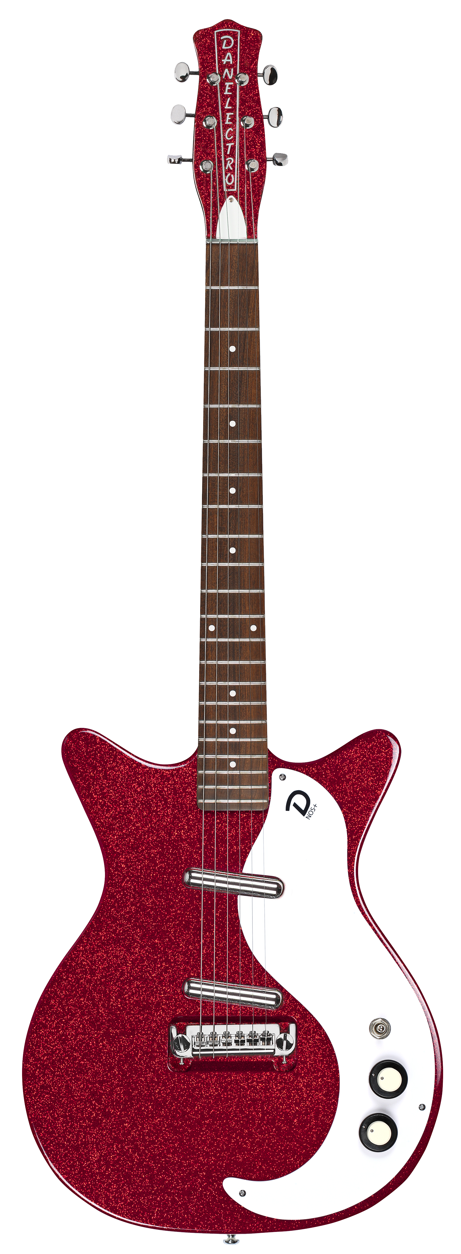 Full frontal of Danelectro 59 MOD NOS+ Red Metalflake.
