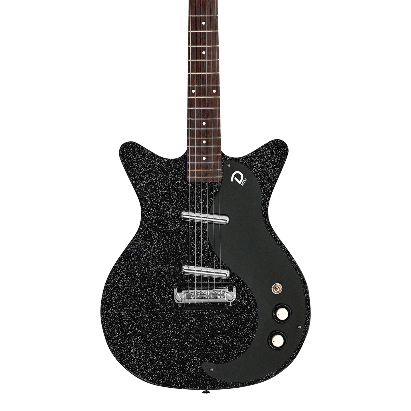 Front of Danelectro Blackout 59 Black Metal Flake.