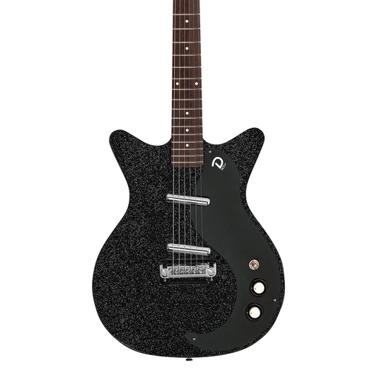 Front of Danelectro Blackout 59 Black Metal Flake.