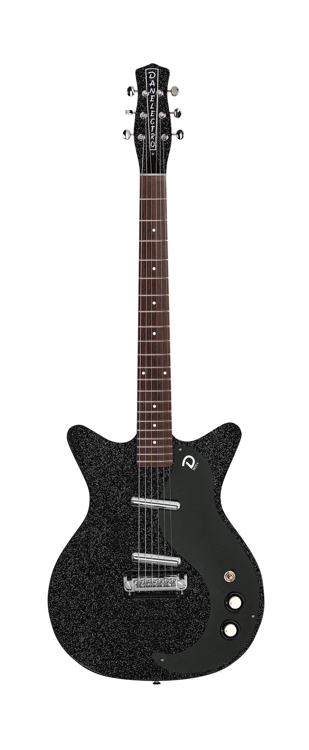 Full frontal of Danelectro Blackout 59 Black Metal Flake.