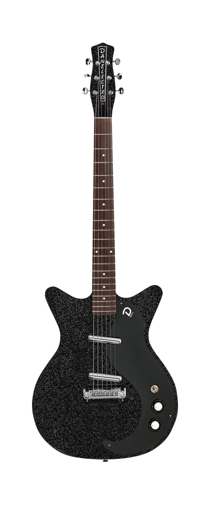 Full frontal of Danelectro Blackout 59 Black Metal Flake.