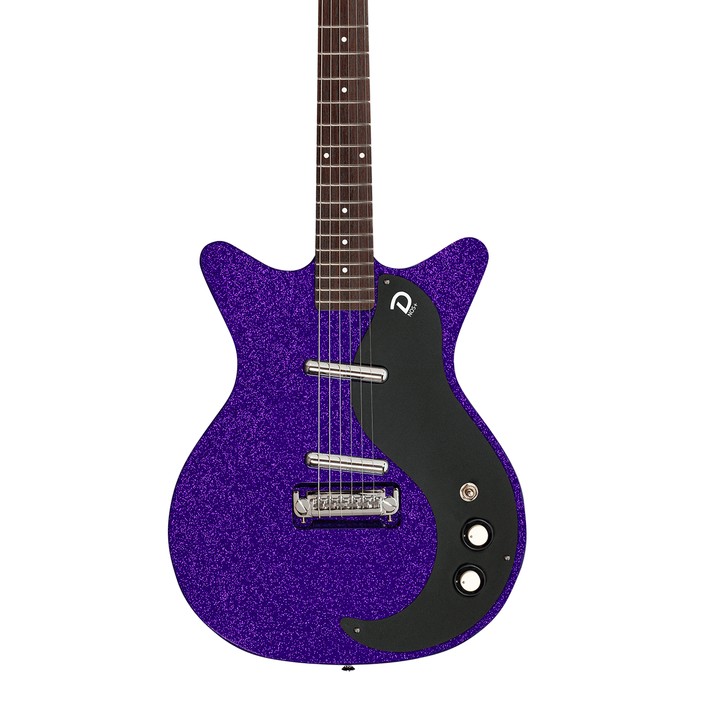 Front of Danelectro Blackout 59 Purple Metal Flake.