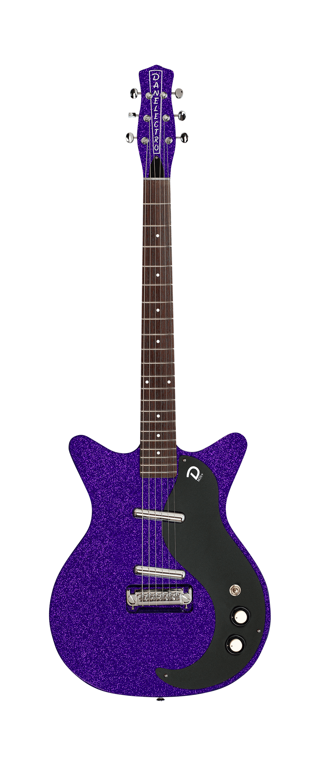 Full frontal of Danelectro Blackout 59 Purple Metal Flake.