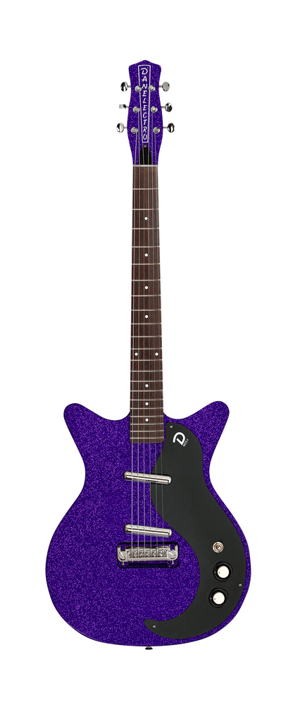 Full frontal of Danelectro Blackout 59 Purple Metal Flake.