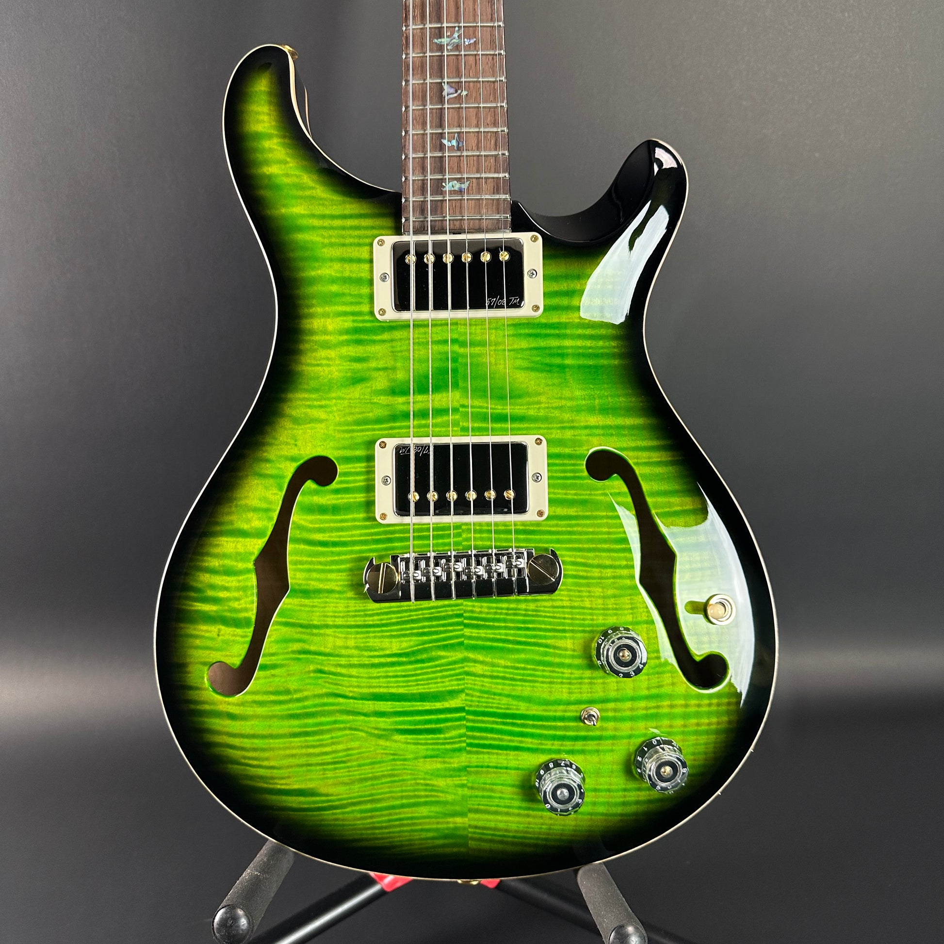 Front of PRS Wood Library Hollowbody II Piezo 10-top Eriza Verde Smokeburst.