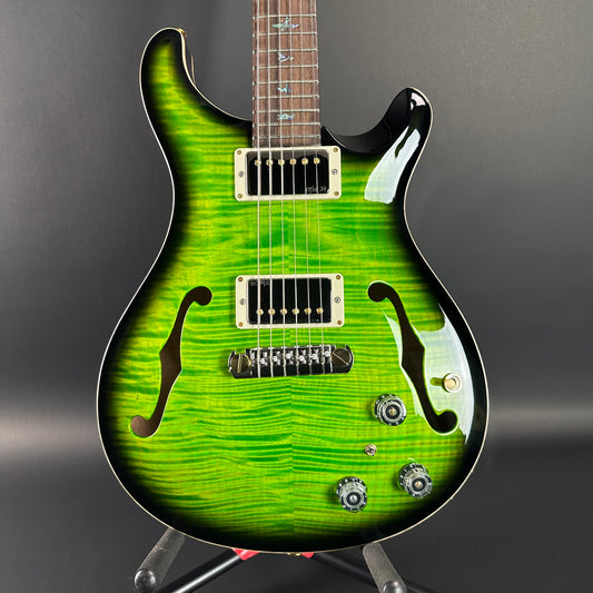 Front of PRS Wood Library Hollowbody II Piezo 10-top Eriza Verde Smokeburst.