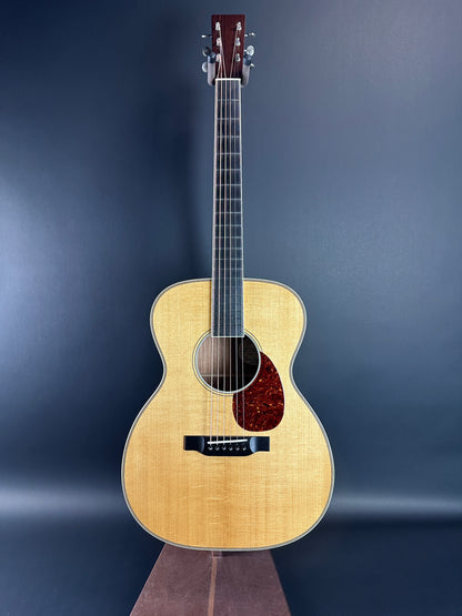 Full front of Used Bourgeois Panama Red OM Large Soundhole Aged Adirondack.