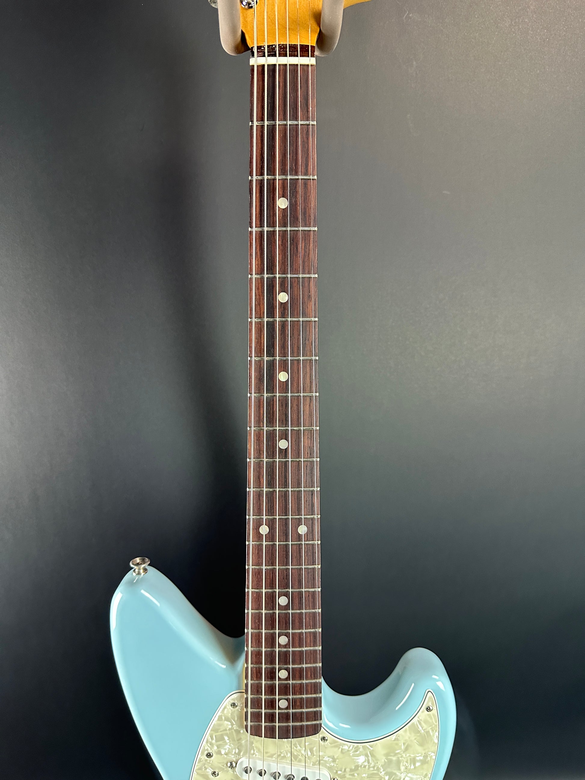 Fretboard of Used Fender Kurt Cobain Jagstang RW Sonic Blue.