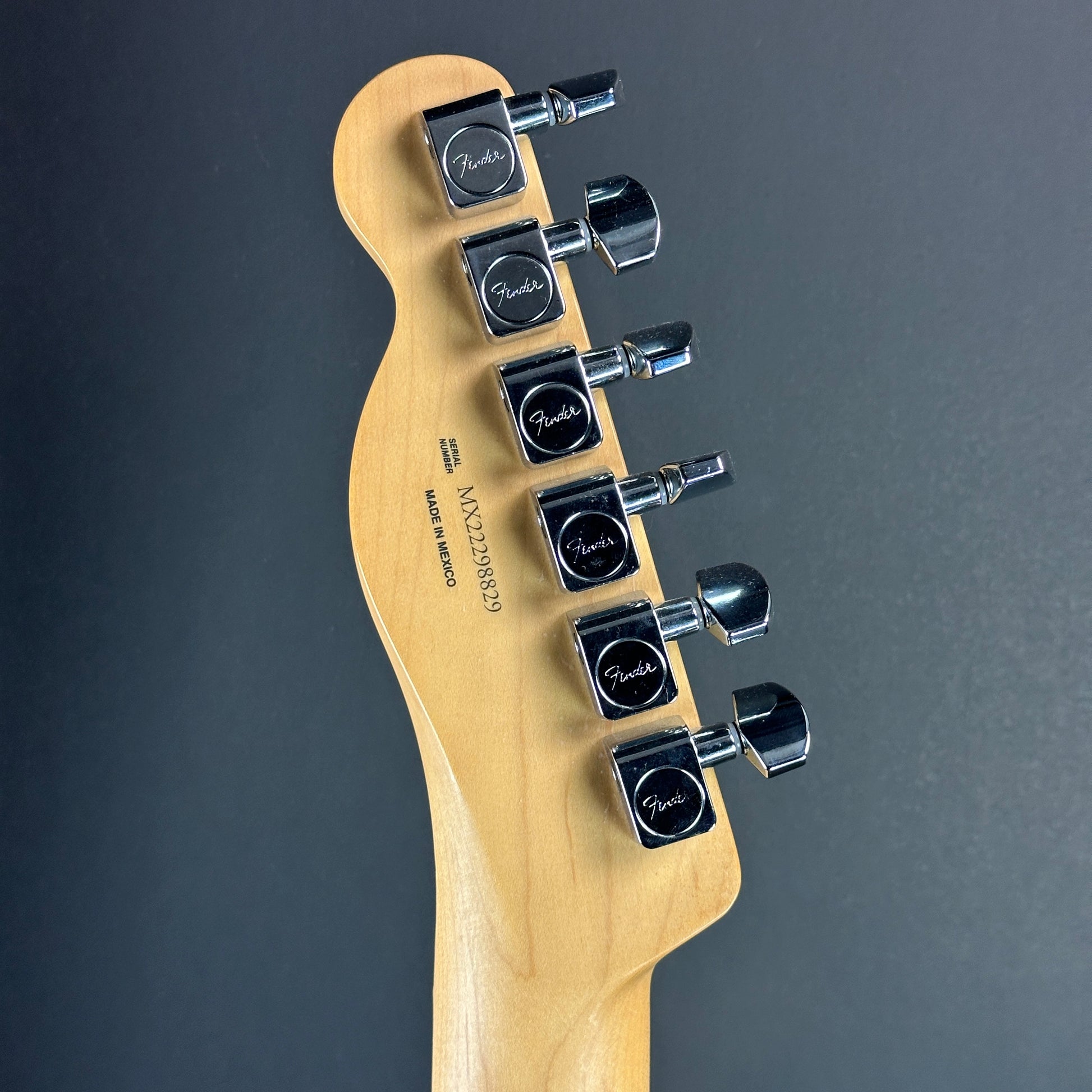 Back of headstock of Used Fender Player Telecaster Plus Top Sienna Burst.