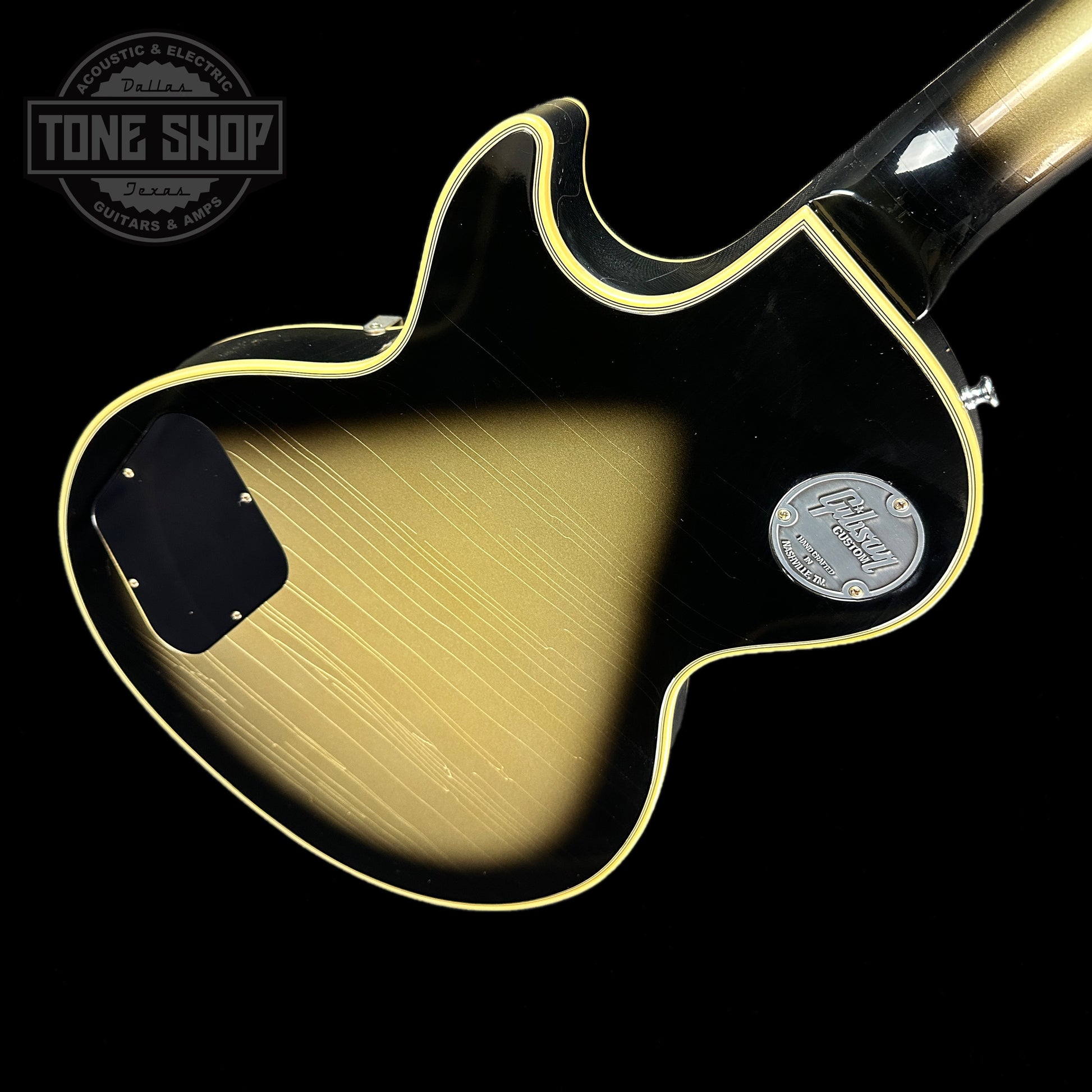 Back angle of Gibson Custom Shop Murphy Lab M2M Les Paul Custom Chambered Antique Silverburst Ultra Light Aged NH.