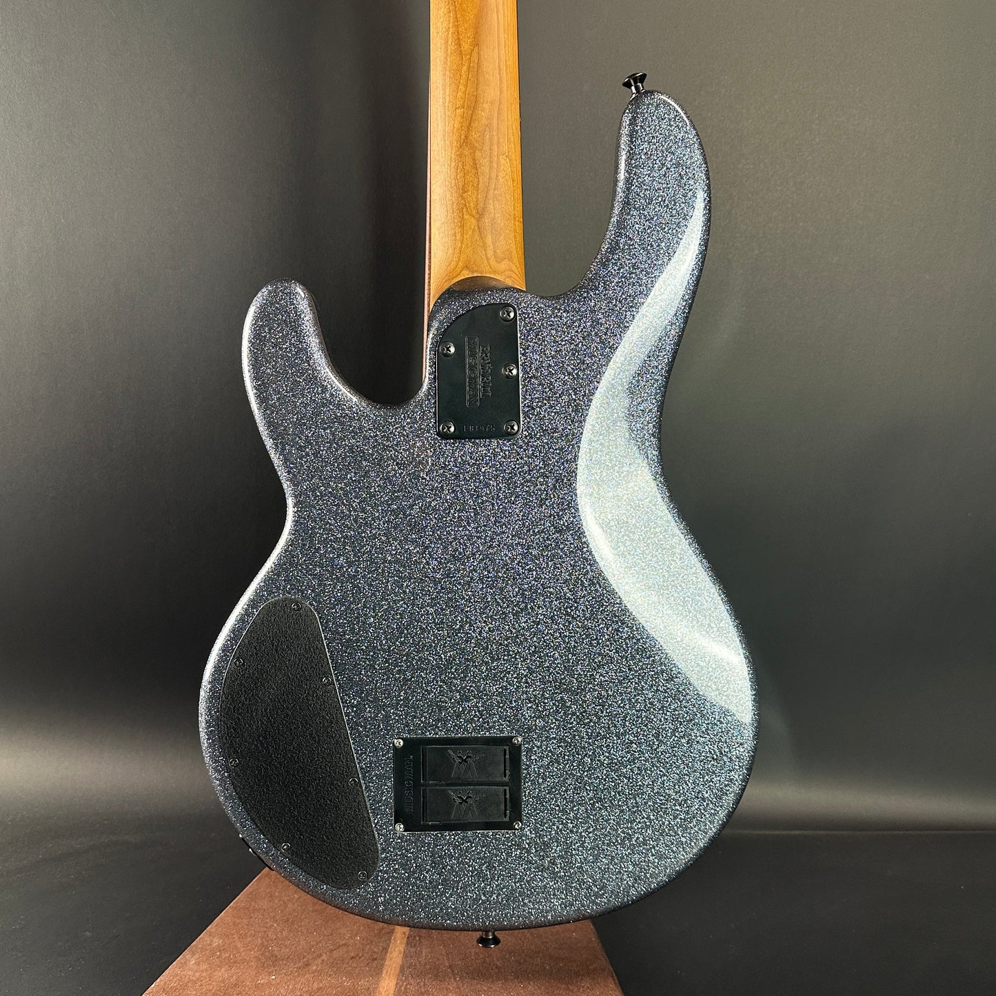 Back of Used Ernie Ball MusicMan Stringray Special HH Charcoal Sparkle.