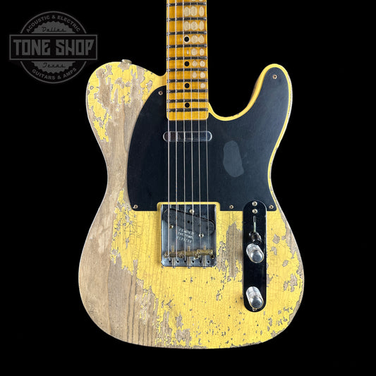 Front of Fender Custom Shop Time Machine '54 Tele Super Heavy Relic Super Faded Aged Nocaster Blonde.