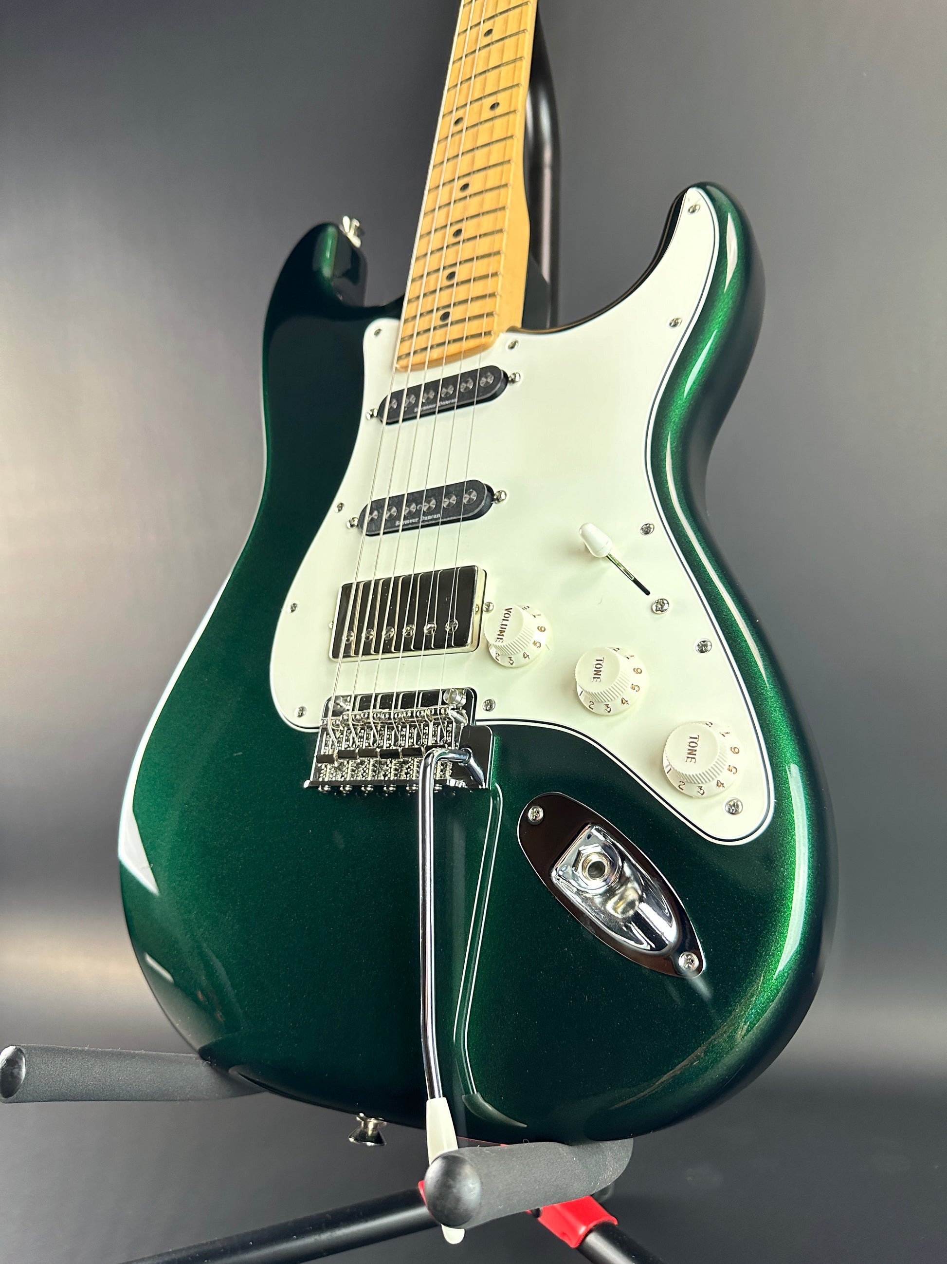 Front angle of Used Fender Limited Edition Player Strat HSS MN British Racing Green.