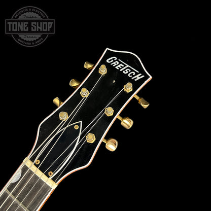 Front of headstock of Used Gretsch Gonzalo Madrigal Masterbuilt G6128VS Duo Jet Black.