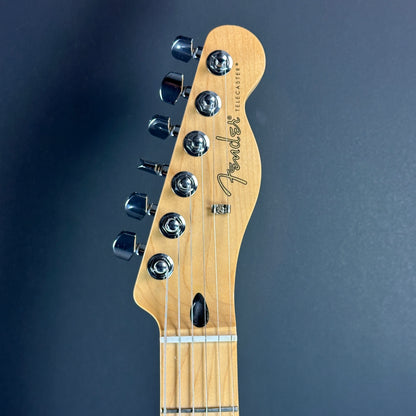 Front of headstock of Used Fender Player Telecaster Plus Top Sienna Burst.